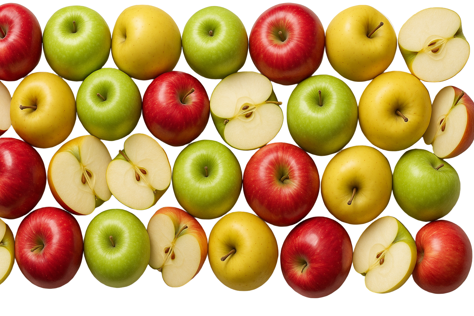 Assorted red, green, and yellow apples on a white background