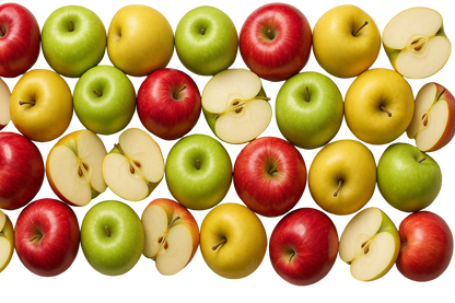 Assorted red, green, and yellow apples on a white background